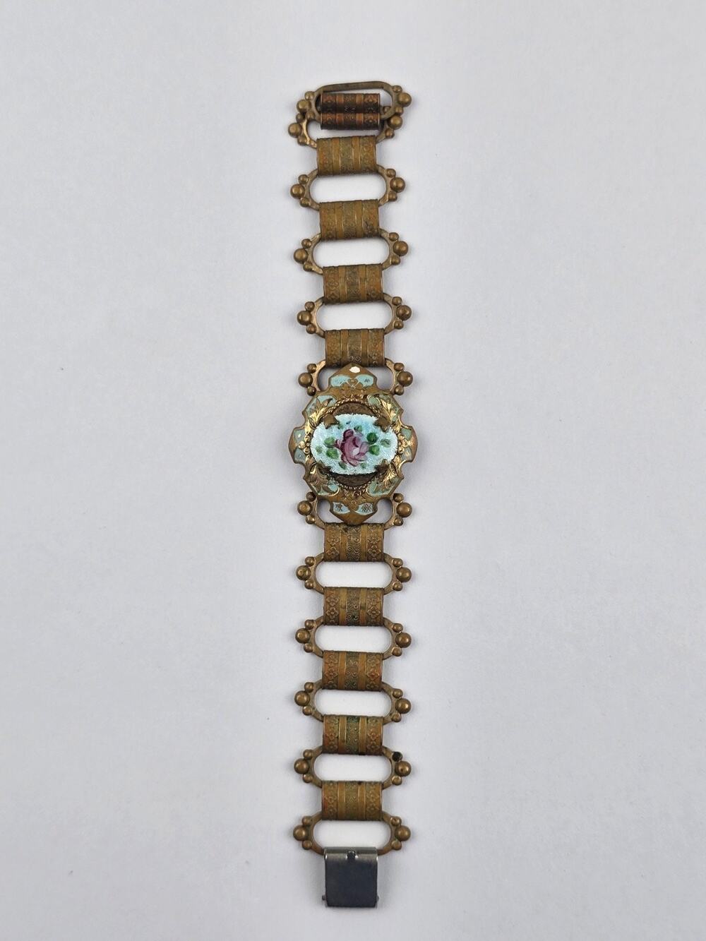 Edwardian vintage powder blue enamel floral metal link costume bracelet 7"